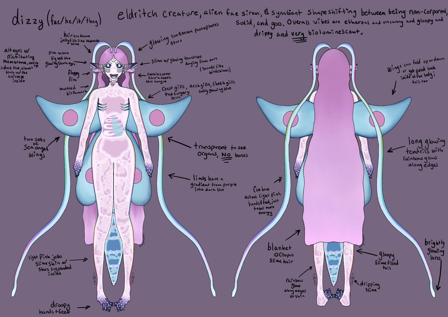 Dizzy's vtuber concept / reference sheet. Front and back. Fae is an eldritch creature, alien fae siren, & symbiont shapeshifting between non-corporeal, solid, and goo. Overall vibes are kinda ethereal and uncanny and gloopy and drippy and bioluminescent. H