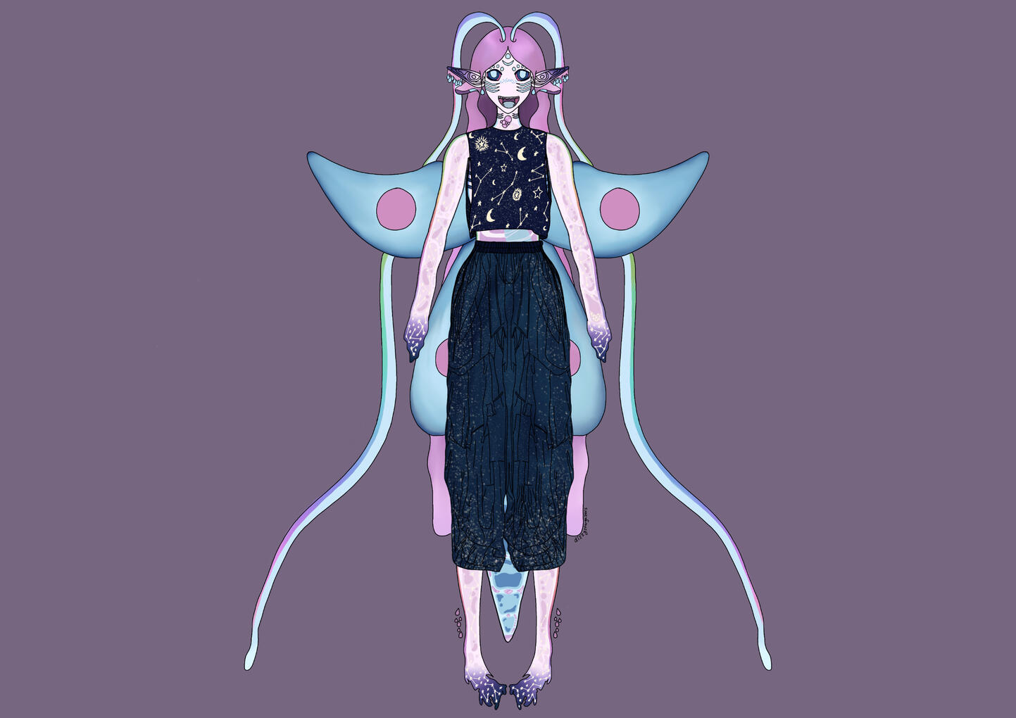 Dizzy's vtuber concept with clothes. He is wearing a dark blue loose tank top filled with celestial phenomena. You can slightly see his chest gills/top surgery scars on the sides. Fae is wearing baggy blueish teal pants made of stars with a ruched waist.