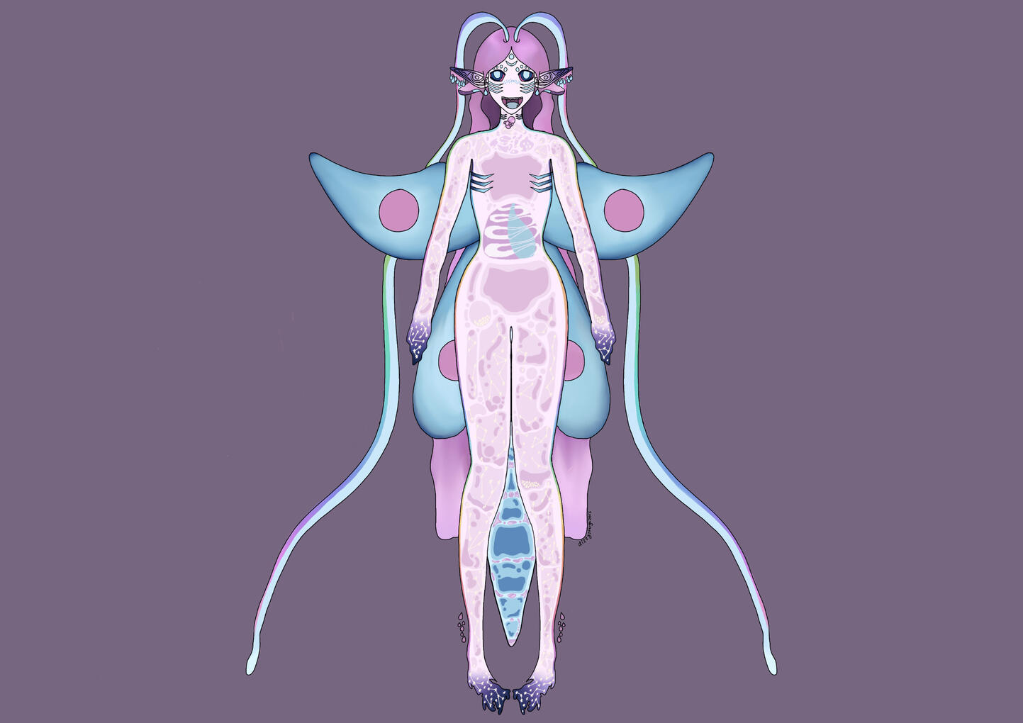 Dizzy's vtuber concept from the front. Fae is an eldritch creature, alien fae siren, & symbiont shapeshifting between non-corporeal, solid, and goo. Overall vibes are kinda ethereal and uncanny and gloopy and drippy and bioluminescent. He has light pink je