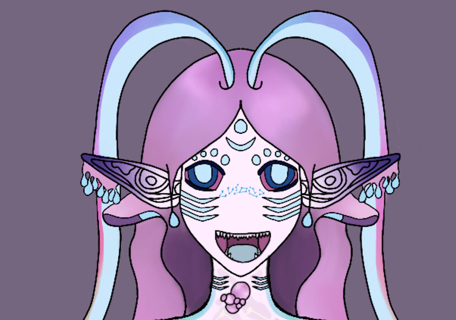 A close up of Dizzy's face from his concept. Fae has light pink skin with a gradient on the ends of his pointed elf ears from purple into a dark blue. There is pink slime dripping from the ends of his ears into glowing blue teardrops. Fae has floppy pink a